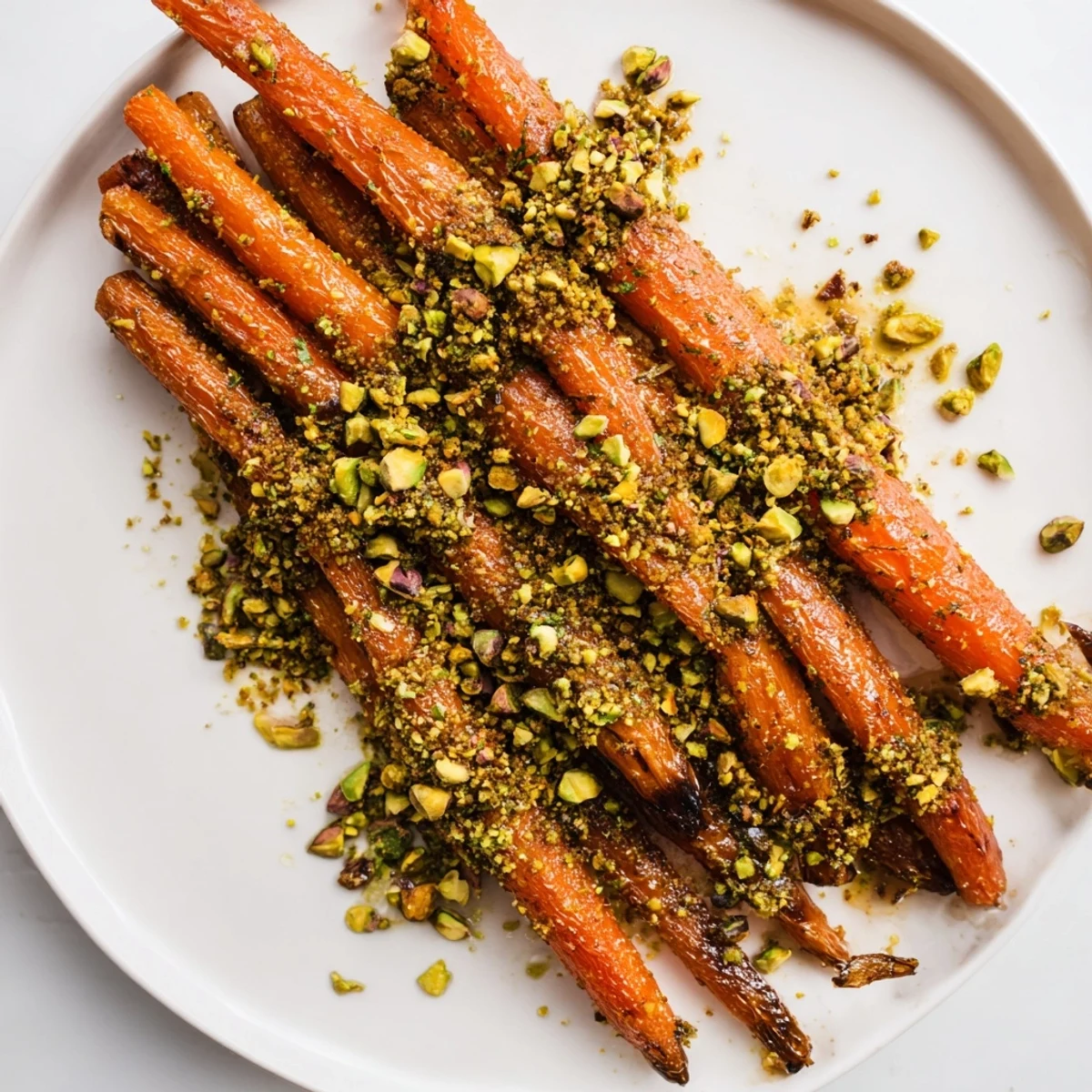 A close-up of Roasted Carrots with Honey and Pistachios, featuring a glossy honey drizzle and crunchy nuts.