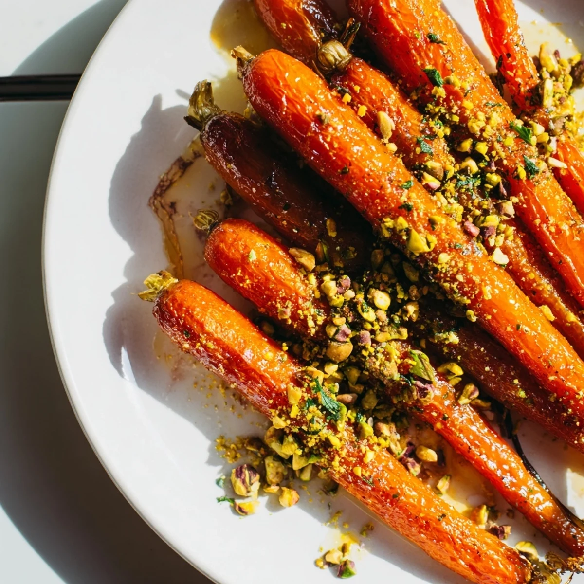 Roasted Carrots with Honey and Pistachios served warm as an elegant side dish for a holiday meal.