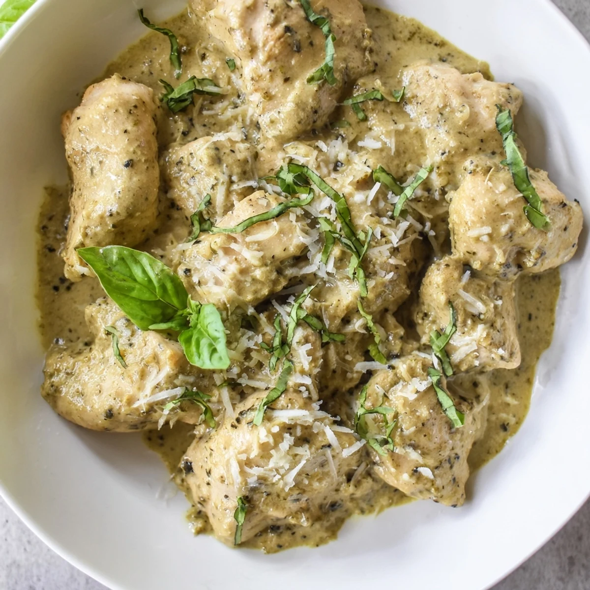 Tender Pesto Ranch Crock Pot Chicken Thighs on a platter with roasted vegetables and Parmesan.