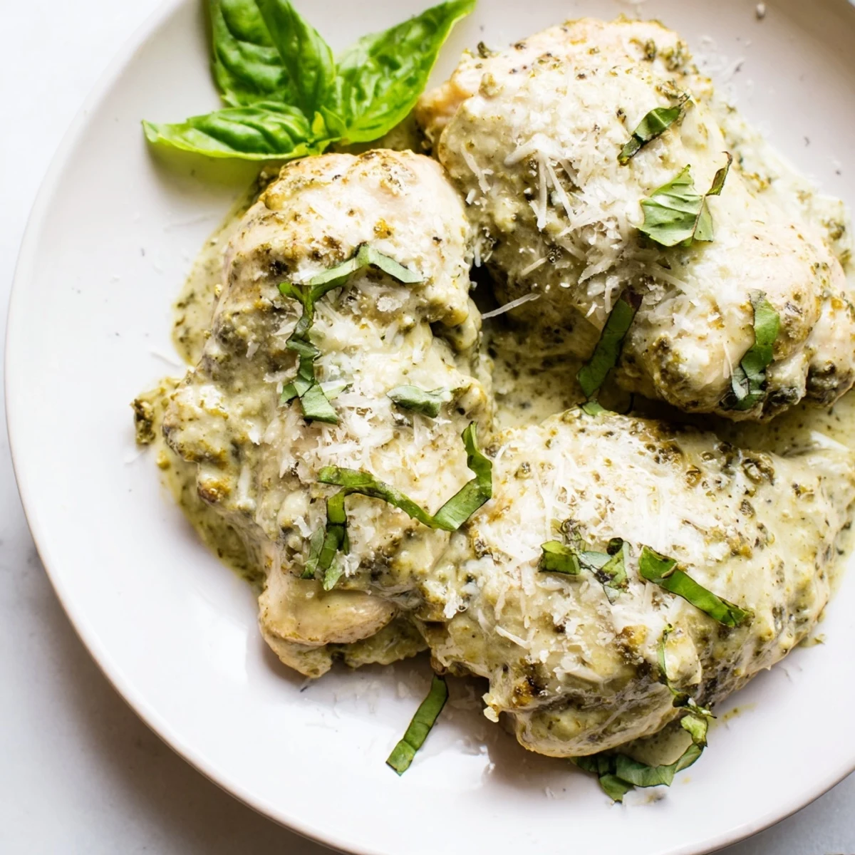 Slow-cooked Pesto Ranch Crock Pot Chicken Thighs in a creamy, savory sauce ready for dinner.