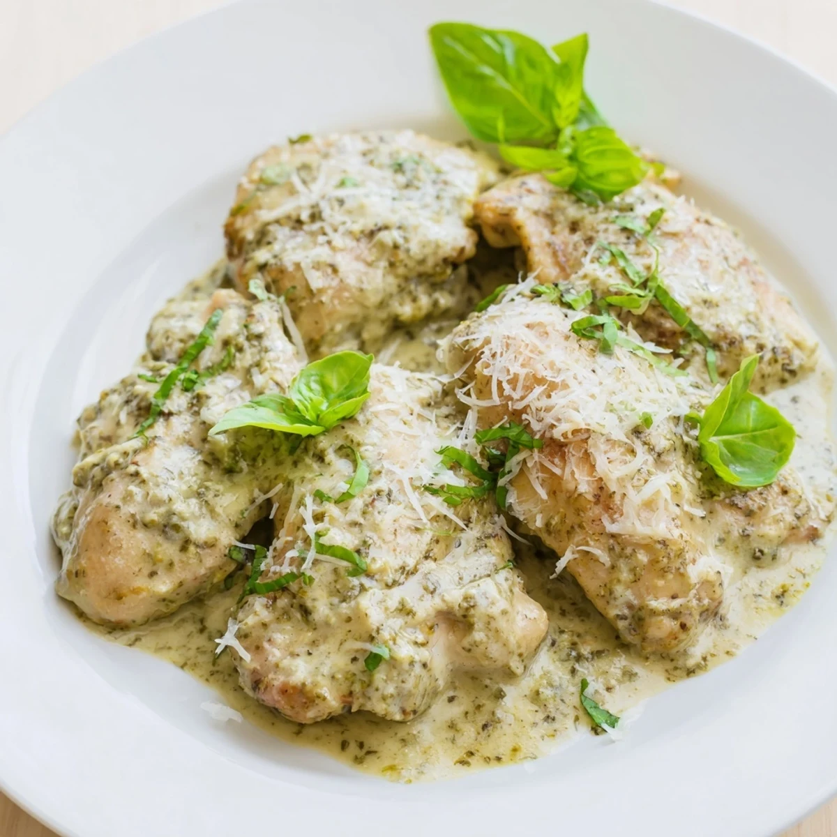 Golden Pesto Ranch Crock Pot Chicken Thighs served over steamed rice with fresh basil garnish.