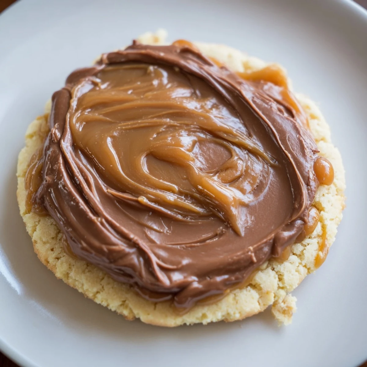 Thick caramel swirls over golden buttery cookies, topped with shiny melted chocolate for an indulgent bite.