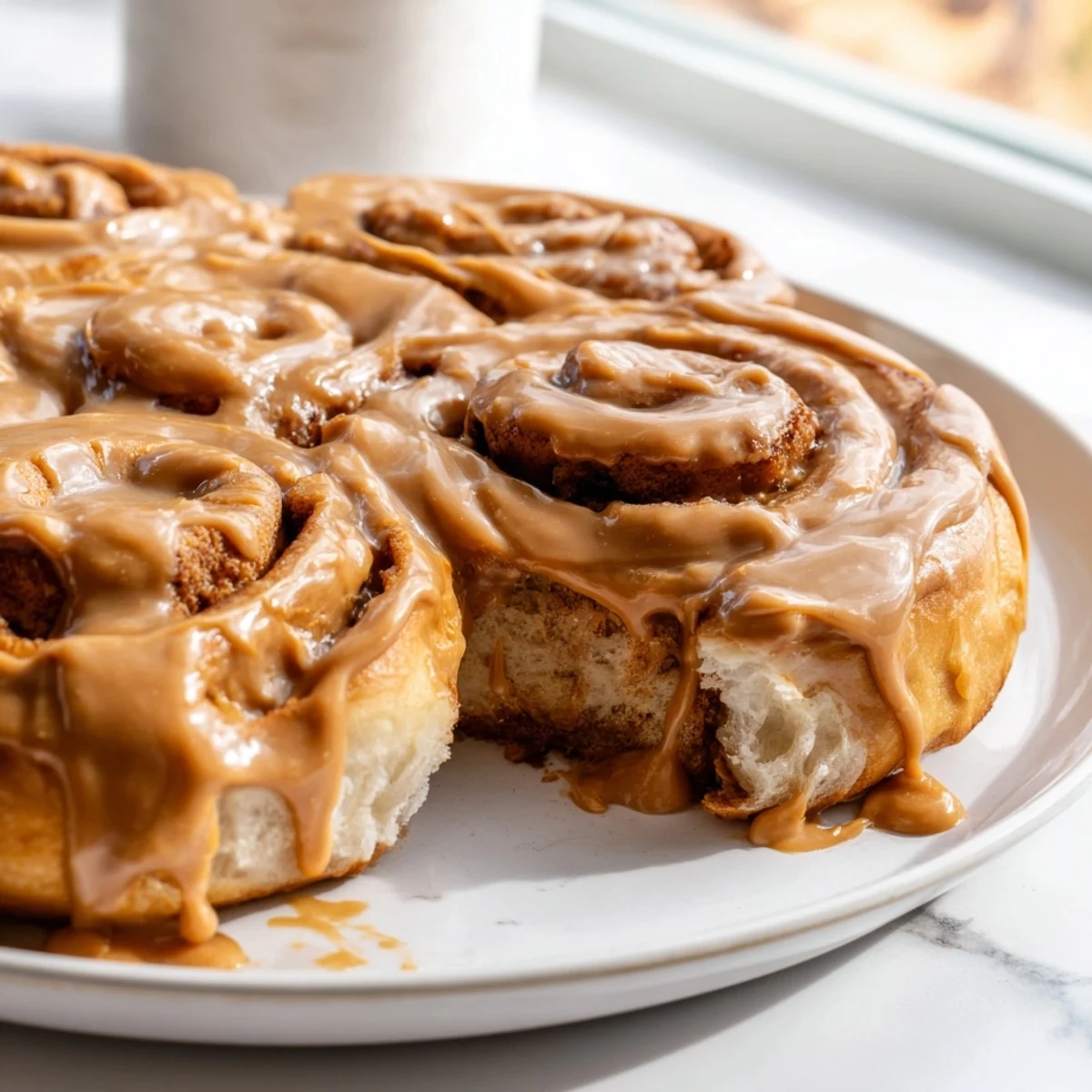 Golden, freshly baked Soft and Gooey Biscoff Cinnamon Rolls drizzled with luscious cookie butter glaze on a ceramic plate.