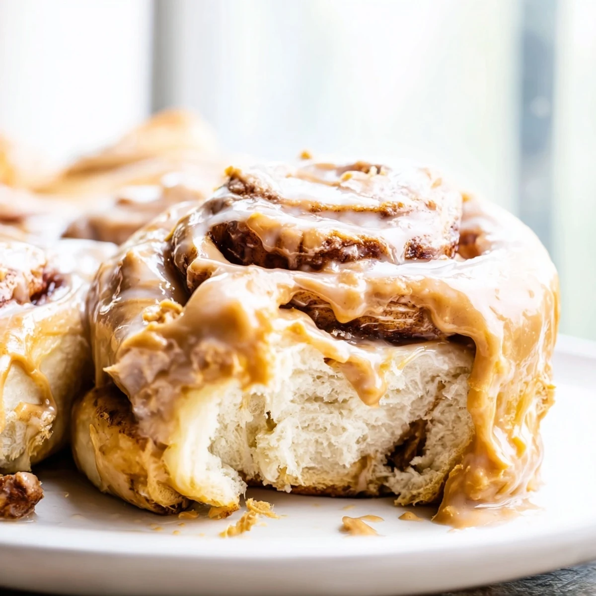 A close-up view of Soft and Gooey Biscoff Cinnamon Rolls highlighting fluffy dough and rich Biscoff topping on a wooden board.