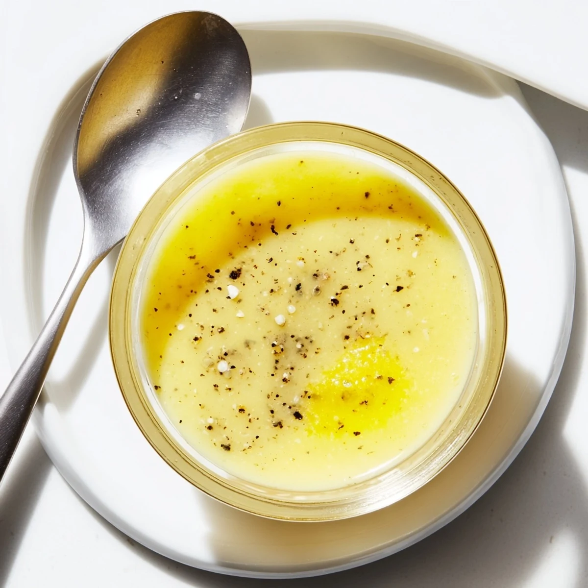 A jar of homemade Lemon Dijon Dressing ready to serve with roasted vegetables or grain bowls.
