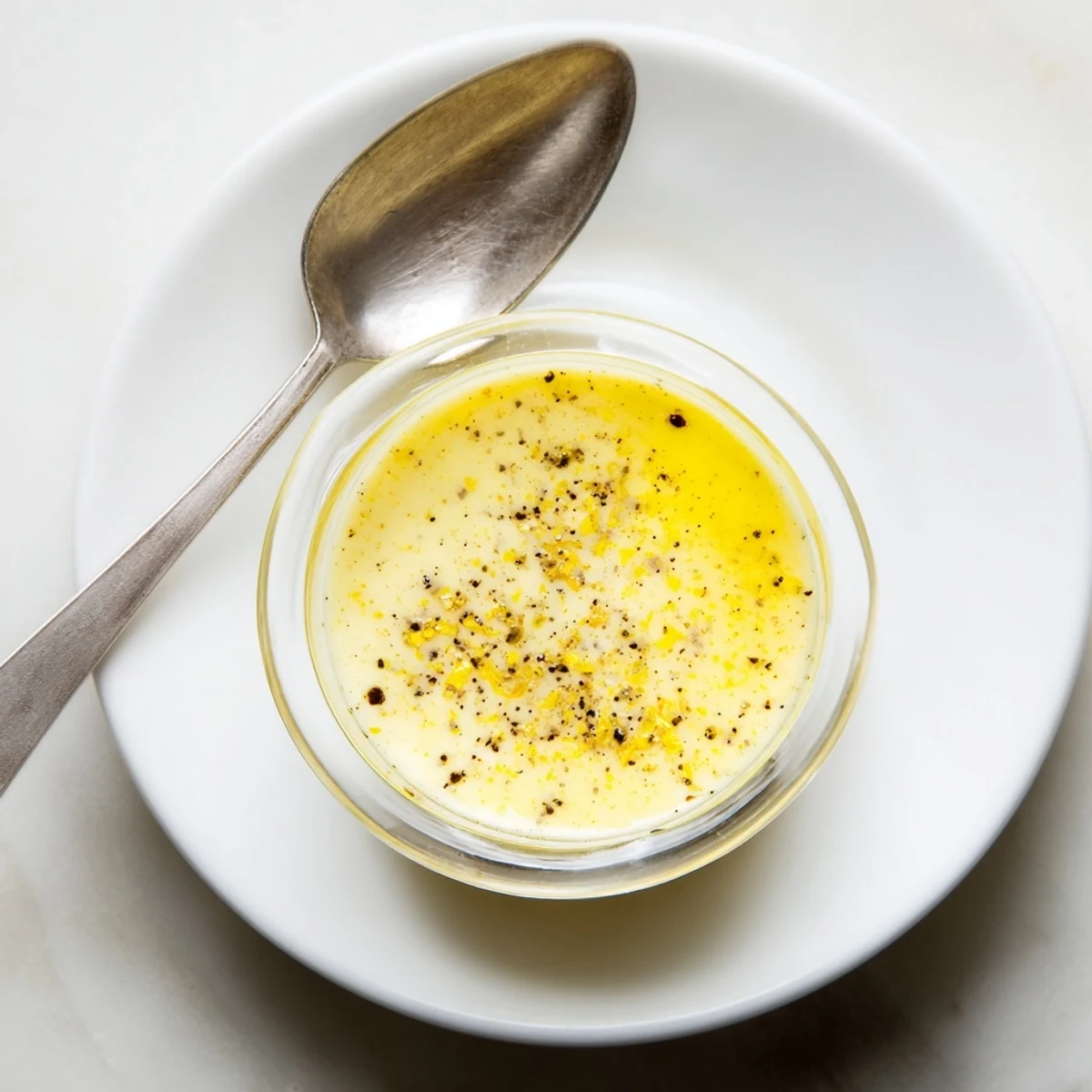 Bright, tangy Lemon Dijon Dressing drizzled over a fresh green salad with cherry tomatoes and croutons.