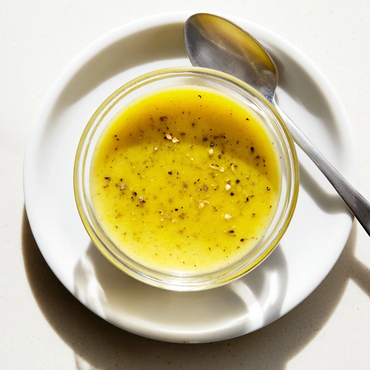 Vibrant Lemon Dijon Dressing in a small pitcher, ready to pour over grilled chicken or fish.