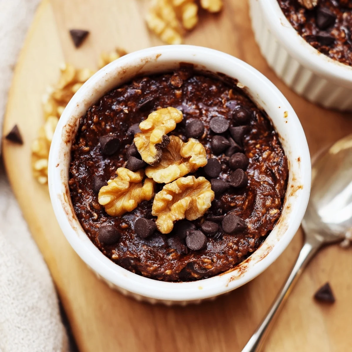 Freshly baked Easy Chocolate Baked Oats with a gooey chocolate center, served warm on a cozy kitchen table.