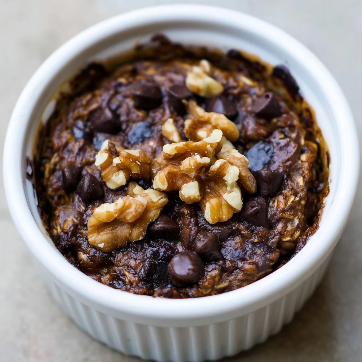 Steamy, fudgy Easy Chocolate Baked Oats in a ramekin, topped with melted chocolate chips and ready to enjoy.