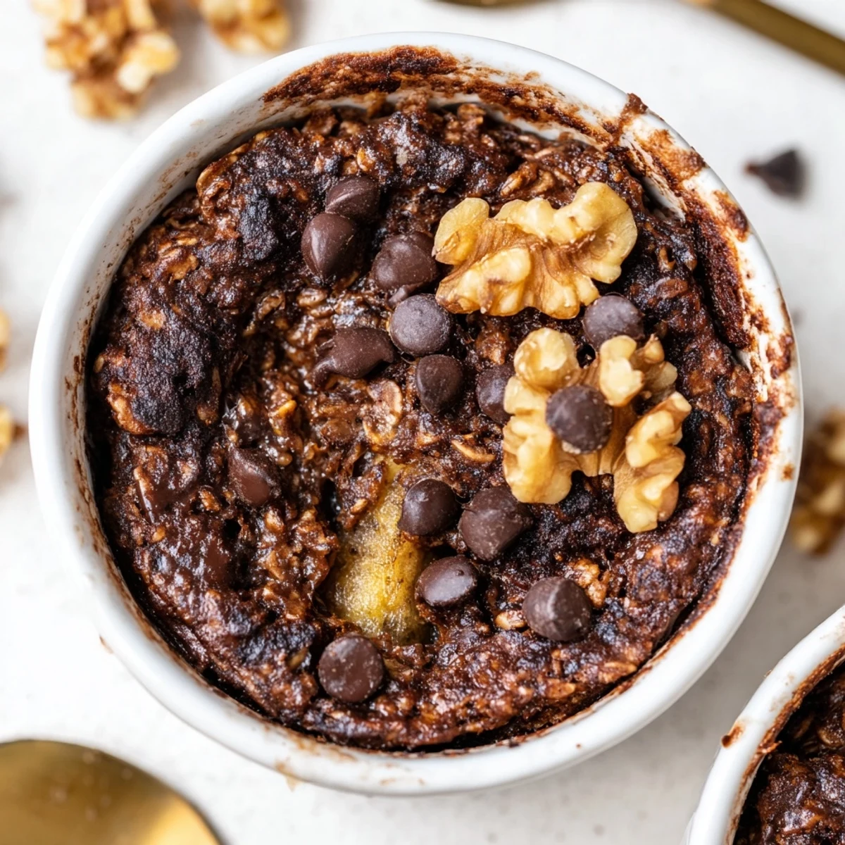 A close-up of Easy Chocolate Baked Oats topped with walnuts, showing a moist, hearty texture and rich cocoa color.