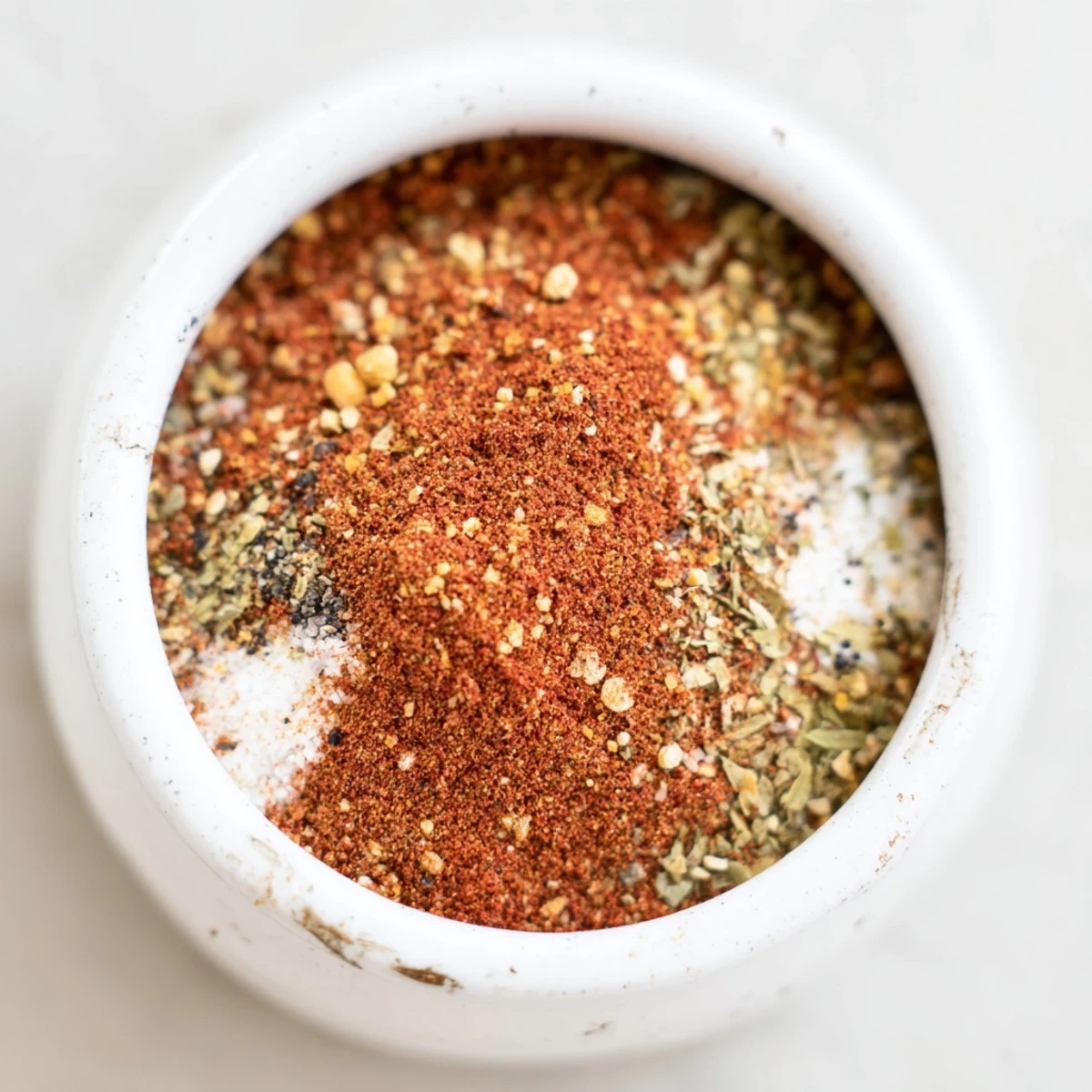 The vibrant red and brown spices for this Easy Homemade Taco Seasoning Mix are mounded in a small white bowl.