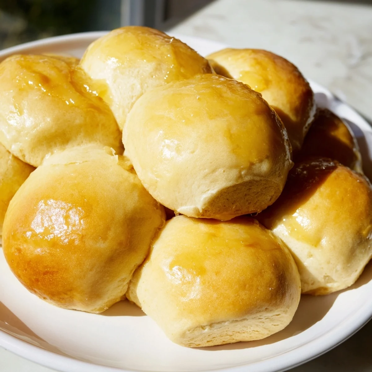 A close-up of freshly baked Best Vegan Dinner Rolls with golden-brown tops brushed with melted vegan butter, resting on a rustic wooden board.