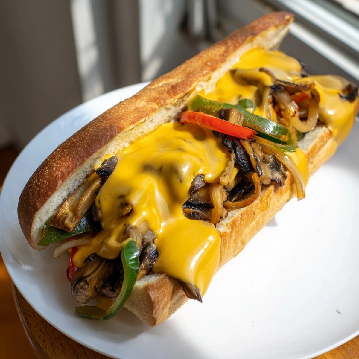 Toasted hoagie rolls filled with savory sautéed mushrooms and peppers, topped with creamy vegan cheese sauce in this Vegan Philly Cheesesteaks recipe.