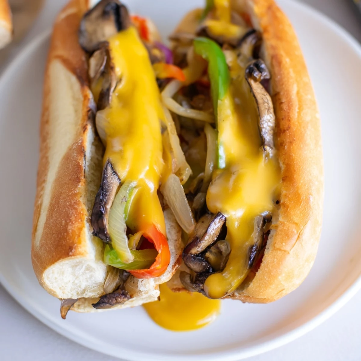 Mushrooms, peppers, and onions sizzling in a skillet, ready for the Vegan Philly Cheesesteaks with a melty vegan cheese topping.