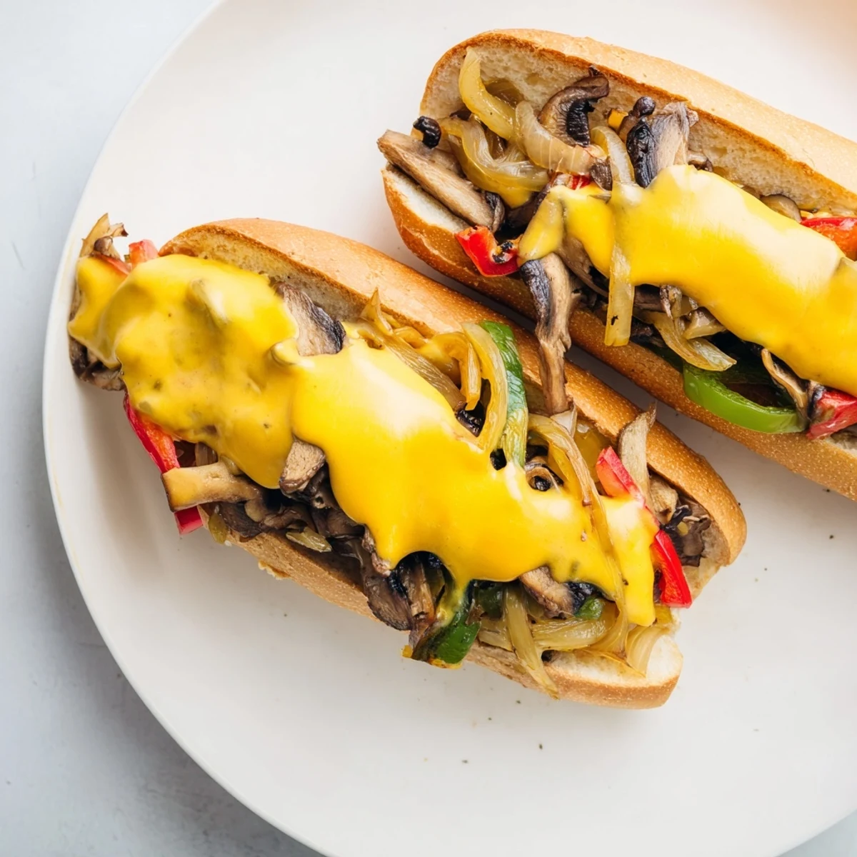 Vegan Philly Cheesesteaks served hot with golden hoagie rolls, stuffed with plant-based mushroom filling and drizzled with homemade cheese sauce.