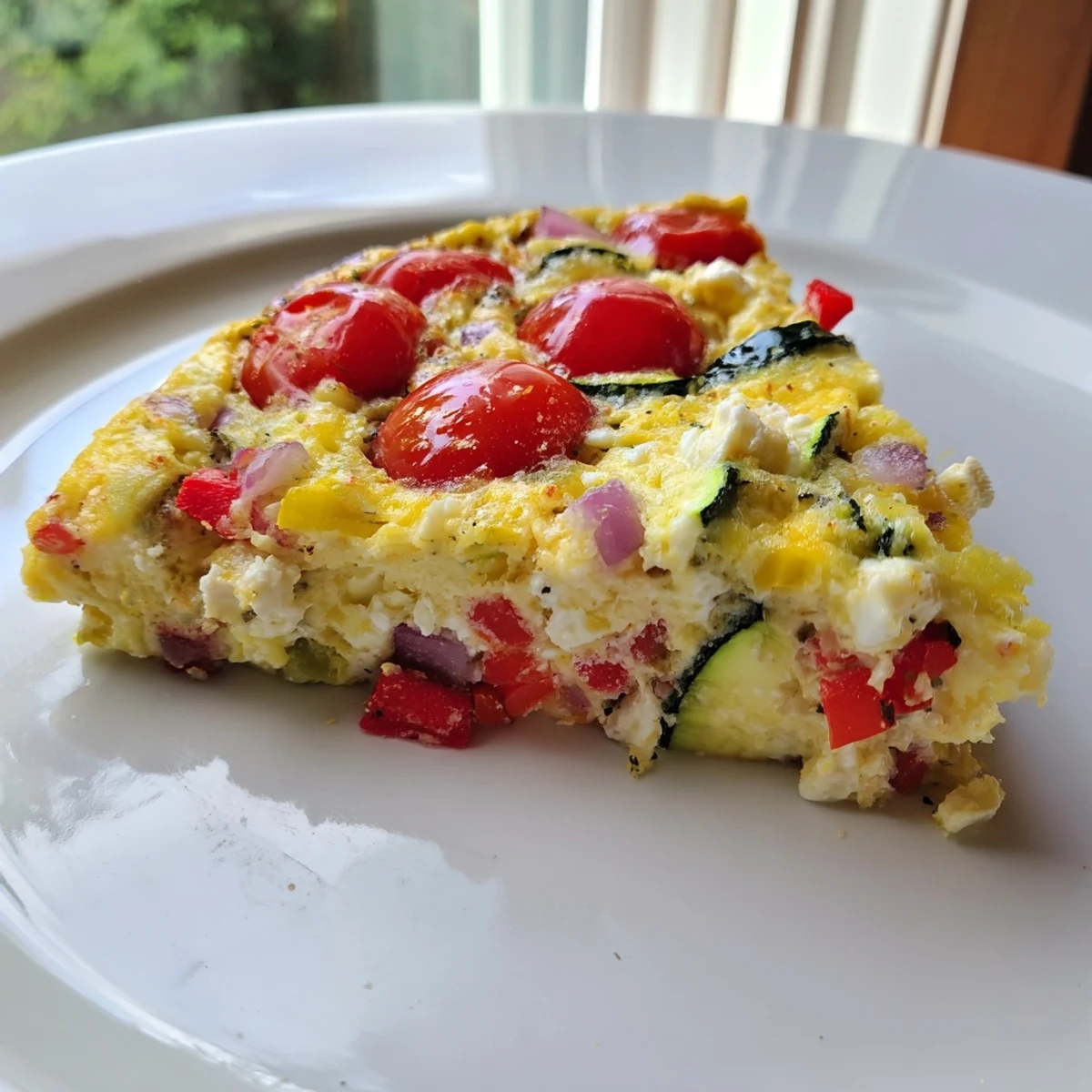 A slice of Veggie Air Fryer Frittata shows fluffy eggs with red bell pepper and zucchini, served on a white plate.