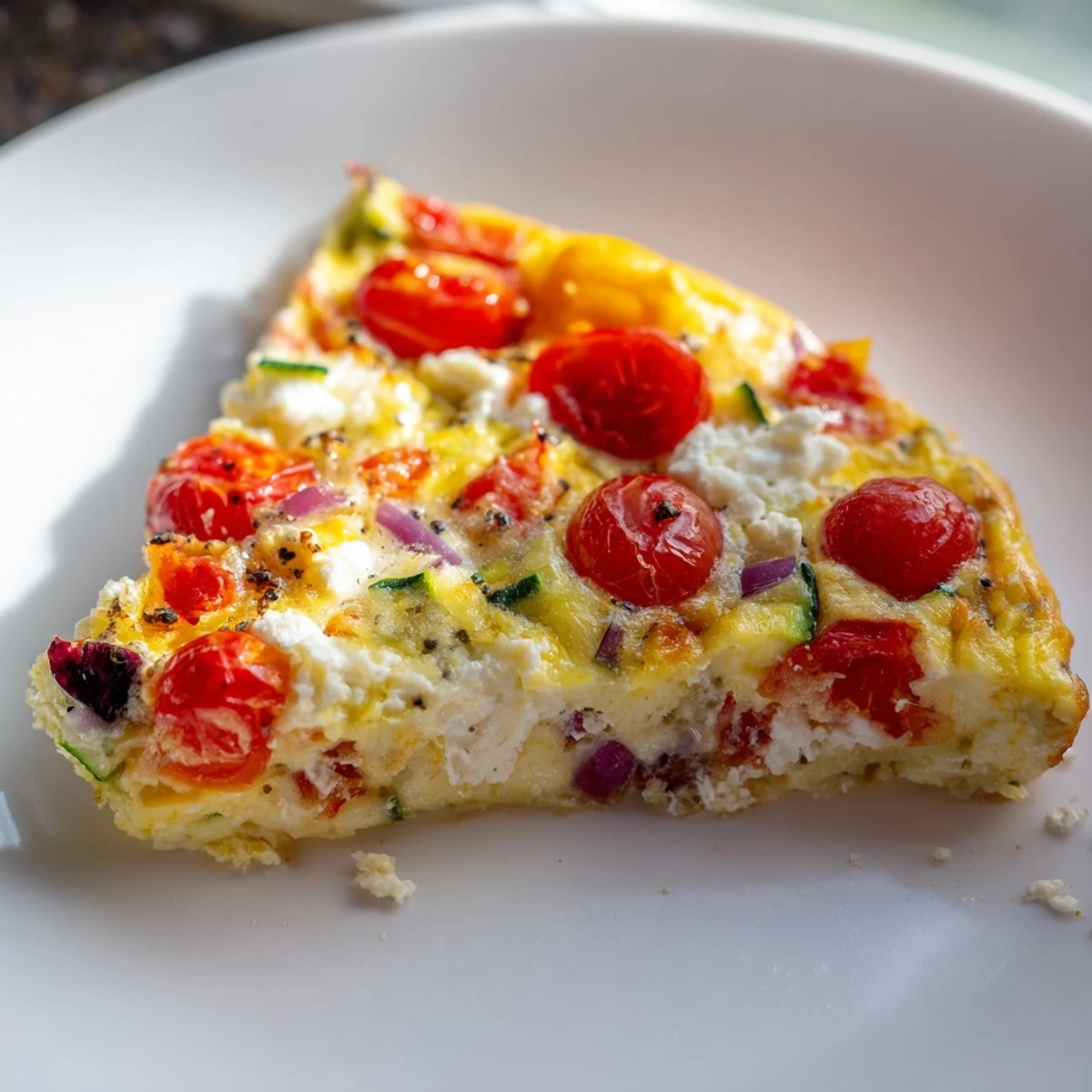 The golden top of Veggie Air Fryer Frittata reveals melted feta and vibrant spinach inside a round, oven-safe pan.