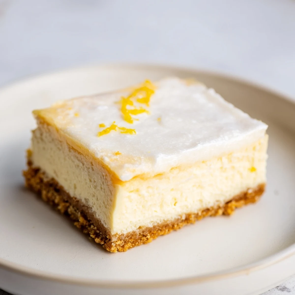 This slice of Rich Greek Yogurt Cheesecake showcases a light, tangy filling topped with a dollop of sour cream and fresh lemon zest.