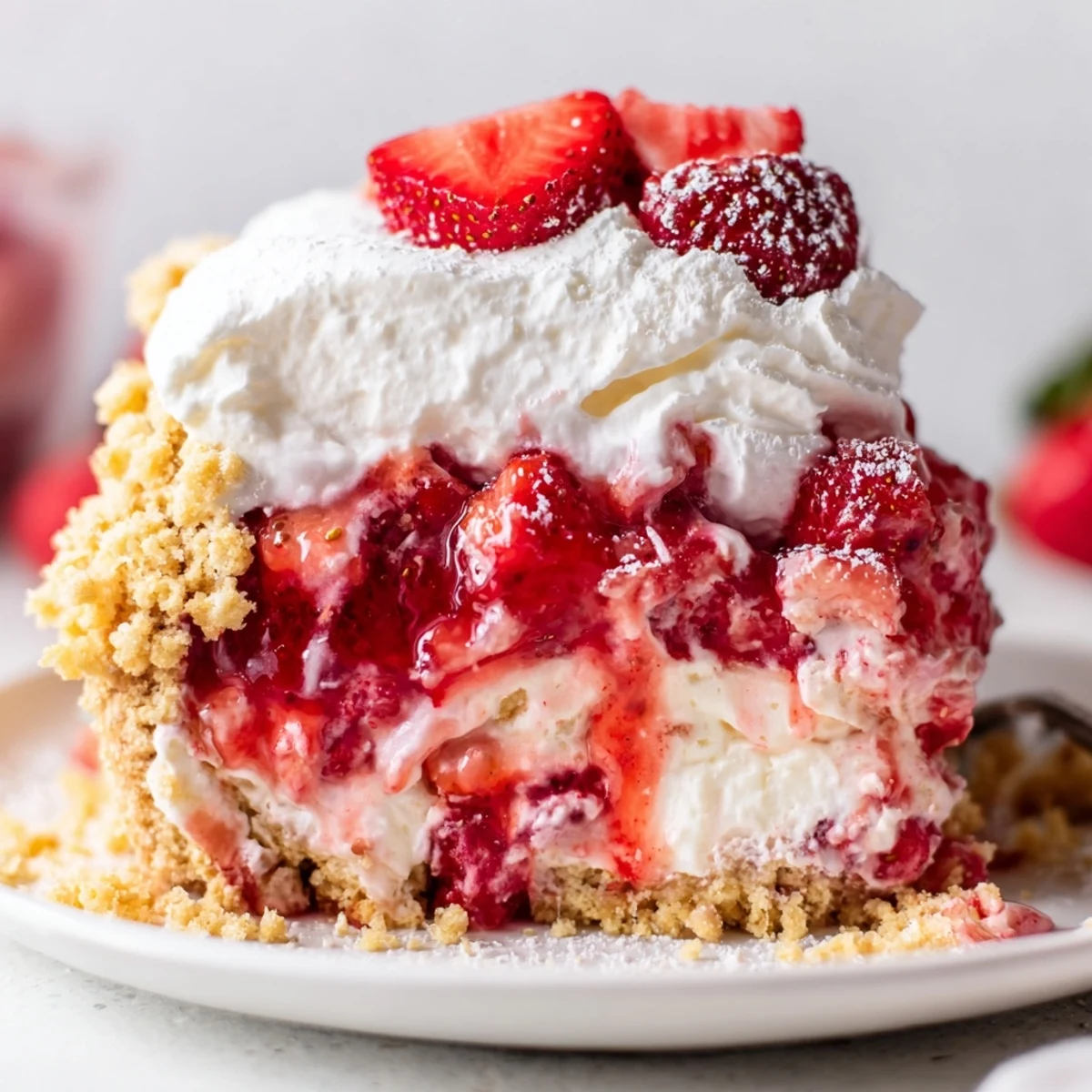 A slice of Easy Strawberry Shortcake Ice Cream Cake reveals layers of creamy vanilla ice cream and fresh berries.