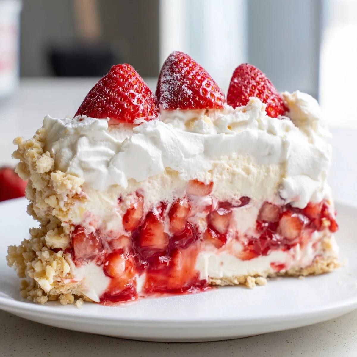No-bake Easy Strawberry Shortcake Ice Cream Cake stacked with strawberry jam filling and a golden shortbread crust.