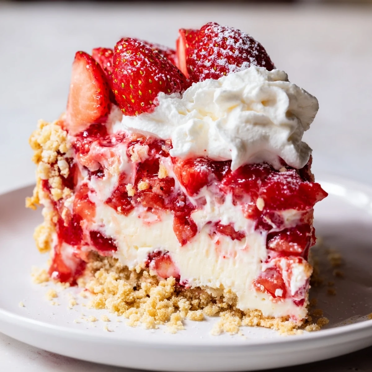 Serving Easy Strawberry Shortcake Ice Cream Cake topped with fluffy whipped cream and a crunchy cookie crumble.
