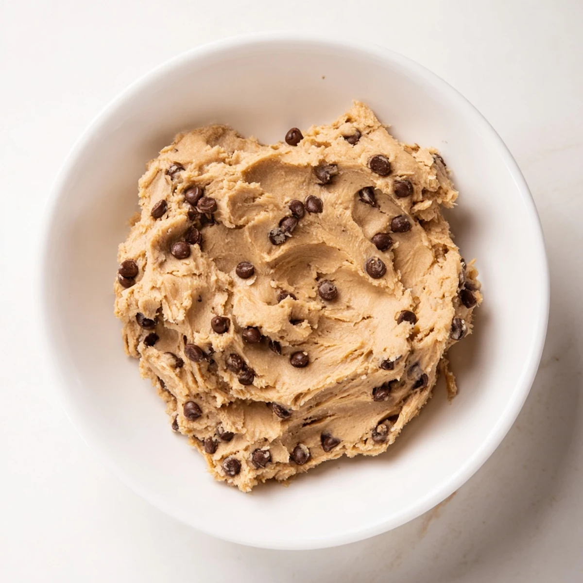 A spoonful of Chocolate Chip Greek Yogurt Cookie Dough with creamy texture and chocolate chips in a white bowl.