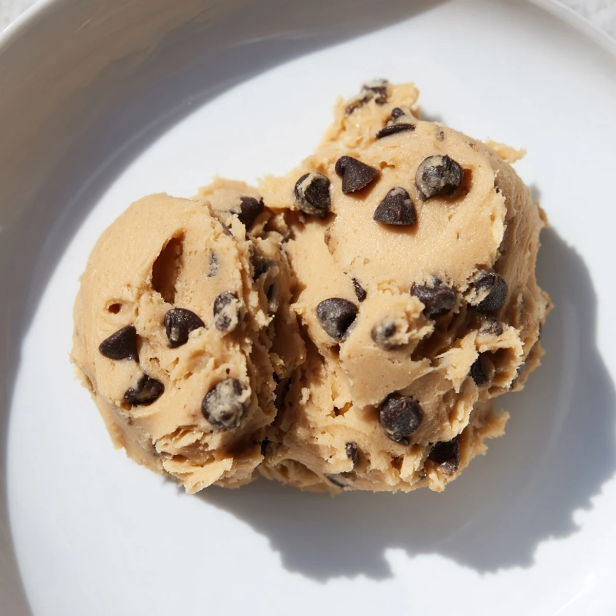 Close-up of edible Chocolate Chip Greek Yogurt Cookie Dough showing melted chocolate chips and a soft, scoopable consistency.