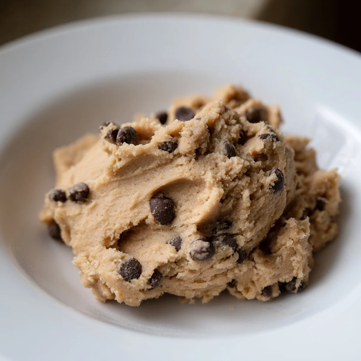 Healthy Chocolate Chip Greek Yogurt Cookie Dough served chilled in a dessert jar with a wooden spoon.