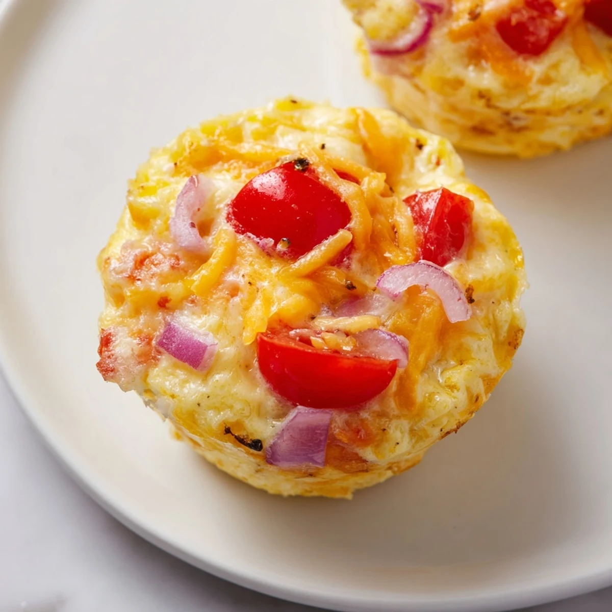 A close-up of a savory Best Frittata Egg Muffin, showing fluffy eggs and a colorful mix of veggies inside.