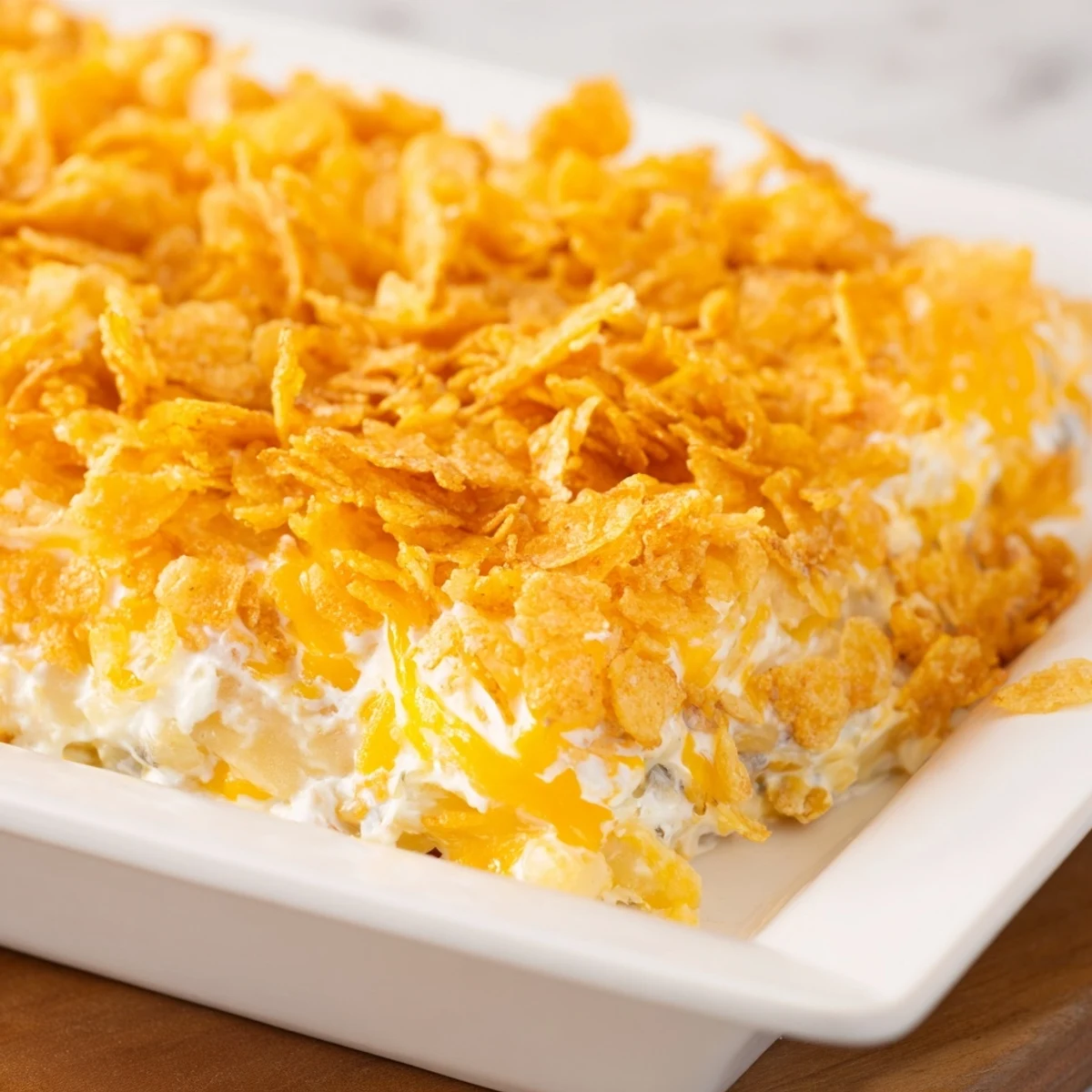 Forkful of tender Funeral Potatoes with Hashbrowns, featuring a rich, creamy interior and crisp cornflake crust.