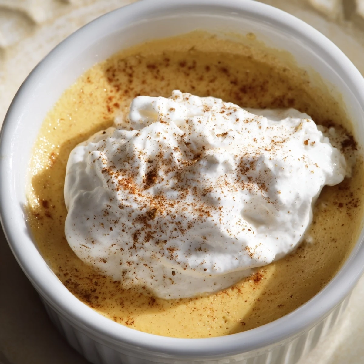 Golden-brown Baked Pumpkin Spice Pudding with a dollop of whipped cream and cinnamon dusting, served in a ramekin.