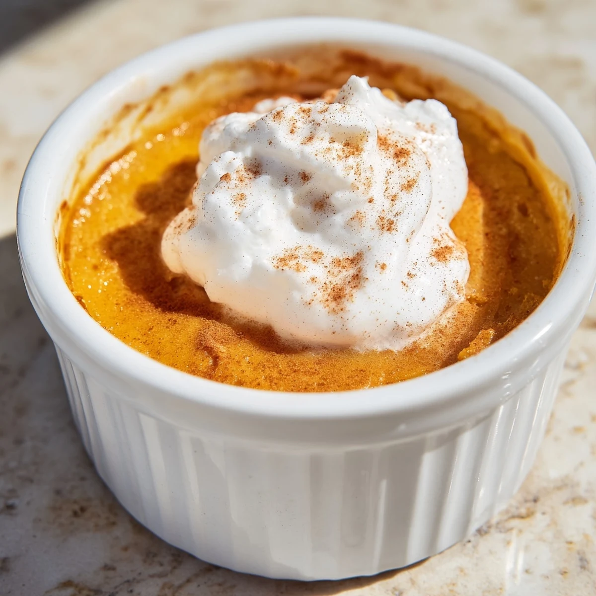 Freshly baked Baked Pumpkin Spice Pudding cooling on a rustic wooden table, ready for a cozy dessert serving.
