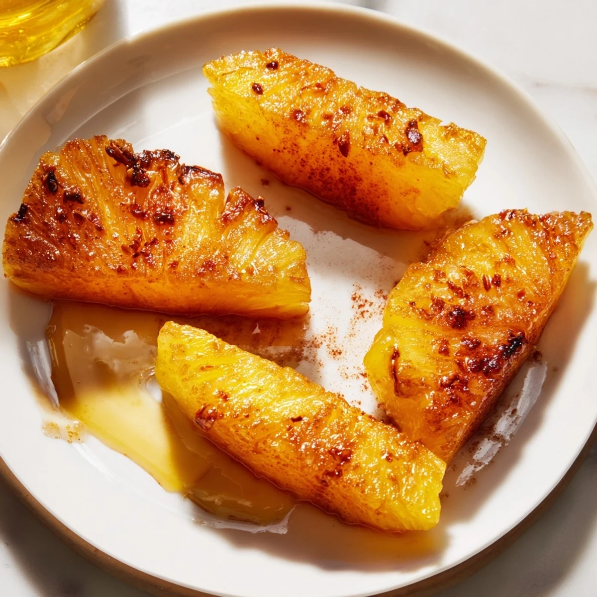 Golden-brown Rum-Soaked Fried Pineapple rings glisten with caramelization, served warm beside a scoop of vanilla ice cream.  