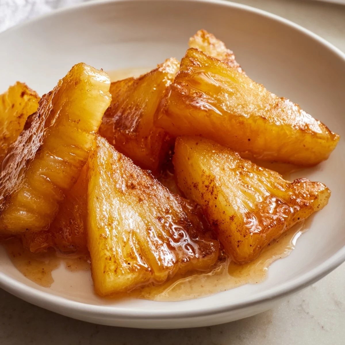 A close-up of Rum-Soaked Fried Pineapple pieces, crispy from the skillet and drizzled with honey for extra sweetness.  
