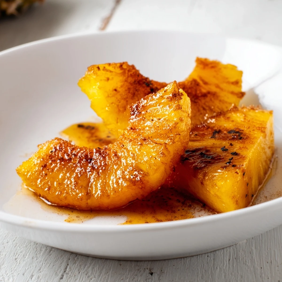 Rum-Soaked Fried Pineapple wedges with a crunchy batter, garnished with cinnamon and ready to serve on a tropical plate.