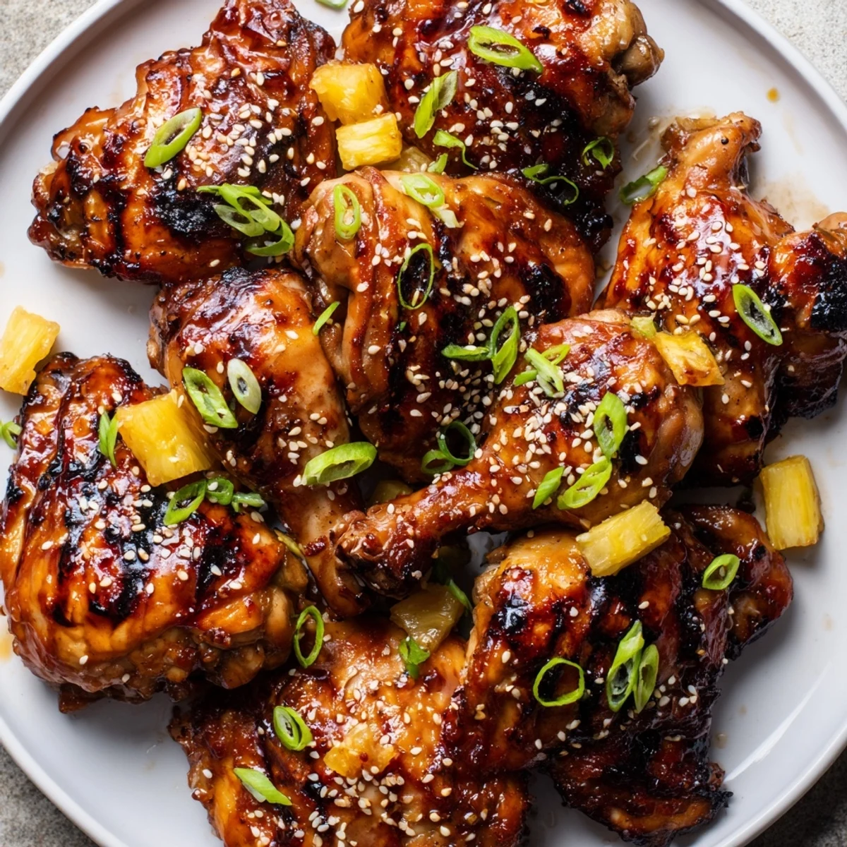Golden-brown Huli Huli Chicken thighs glistening with a sticky, caramelized glaze, fresh off the grill.