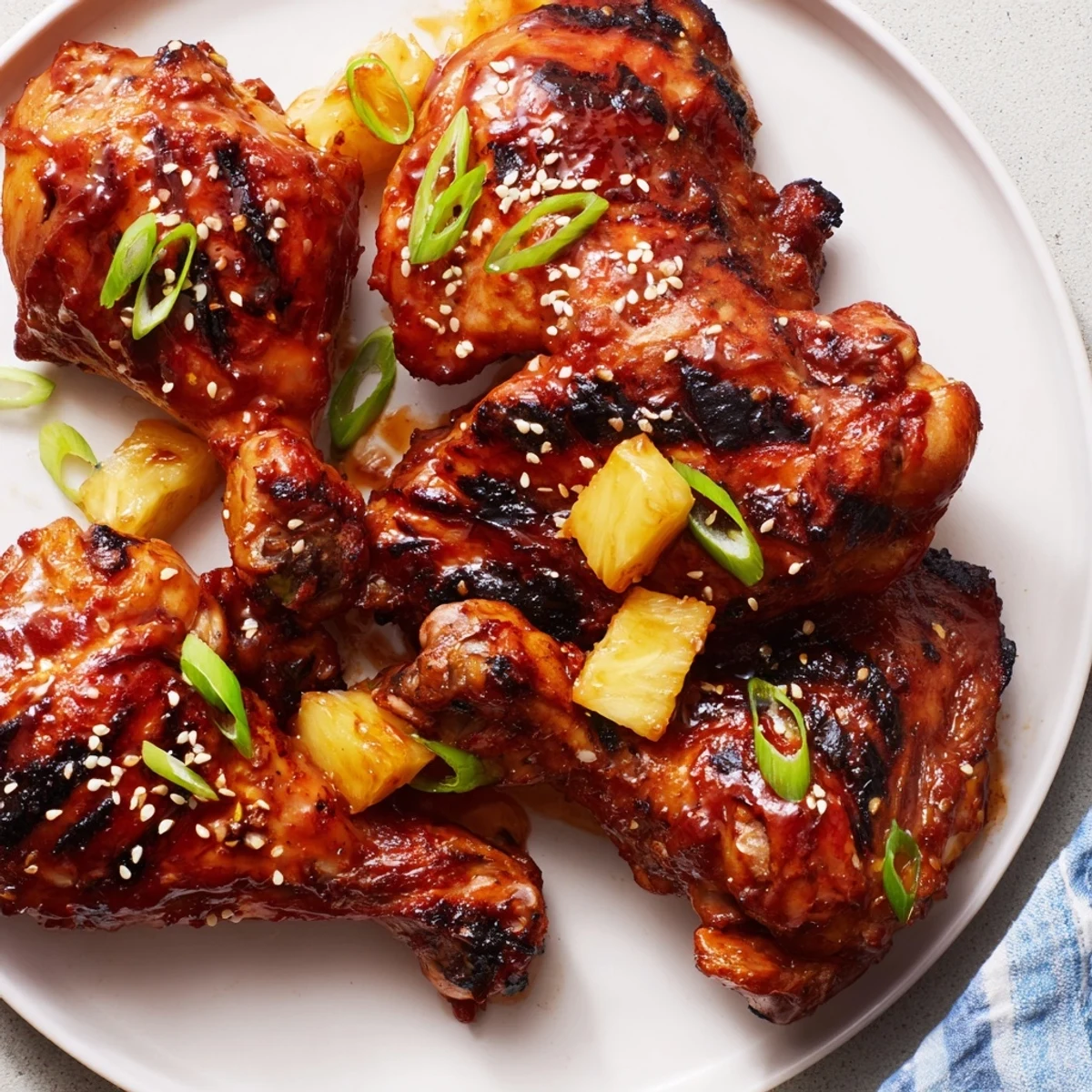 Tender grilled drumsticks brushed with sweet and tangy Huli Huli sauce, garnished with scallions.
