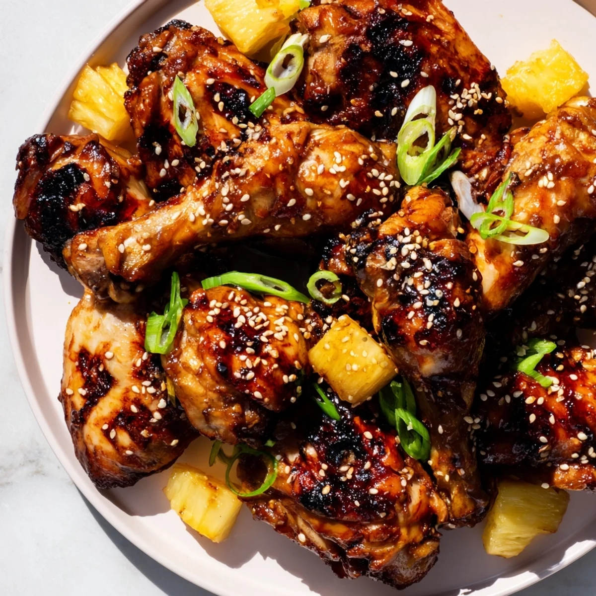 Close-up of juicy Huli Huli Chicken topped with toasted sesame seeds and fresh pineapple chunks.