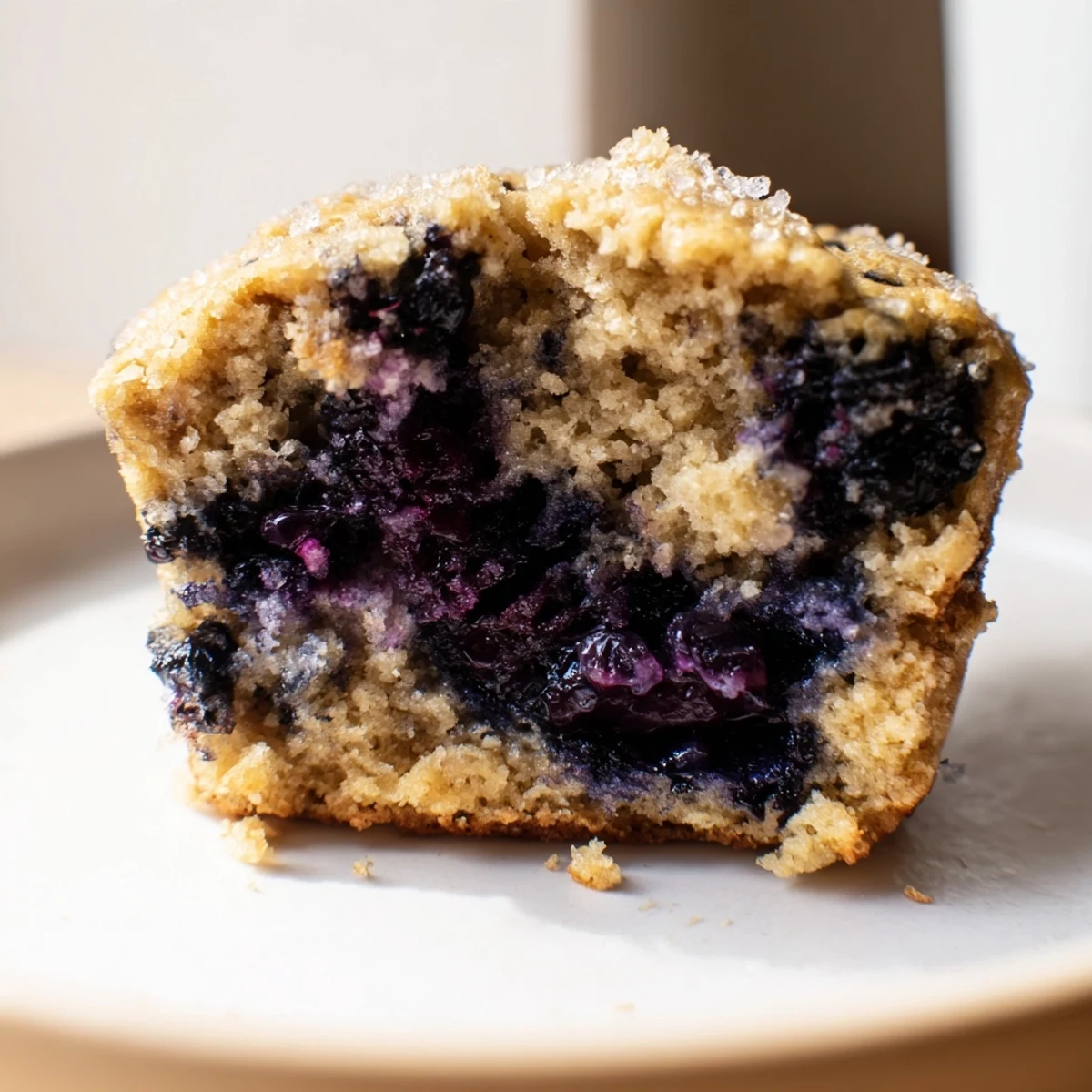 Golden-topped Blueberry Protein Muffins with Greek Yogurt displayed on a white plate, ready for a high-protein breakfast snack.