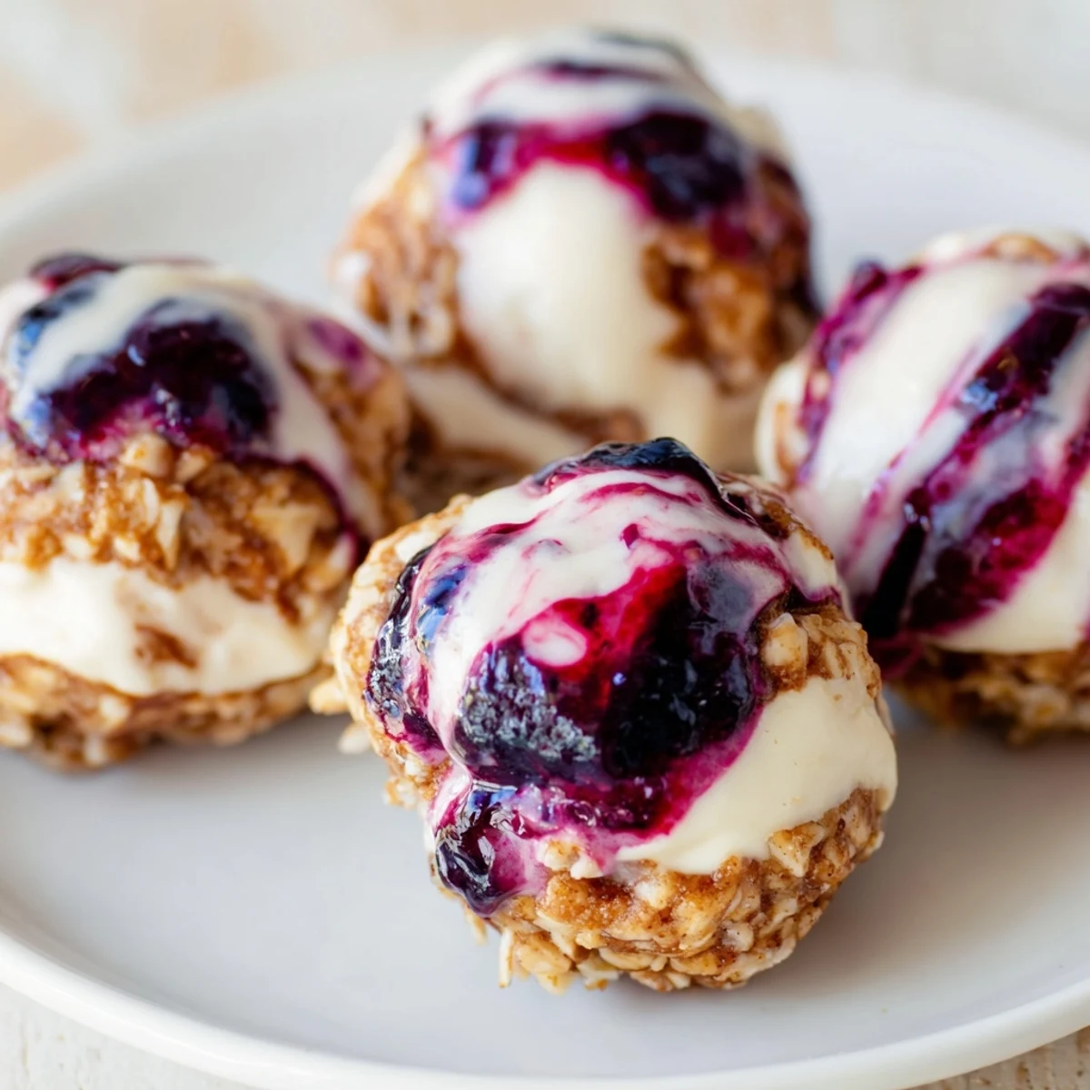 Fifteen Blueberry Cheesecake Protein Bites arranged on a marble board, featuring creamy white filling and a vibrant blueberry swirl on top.