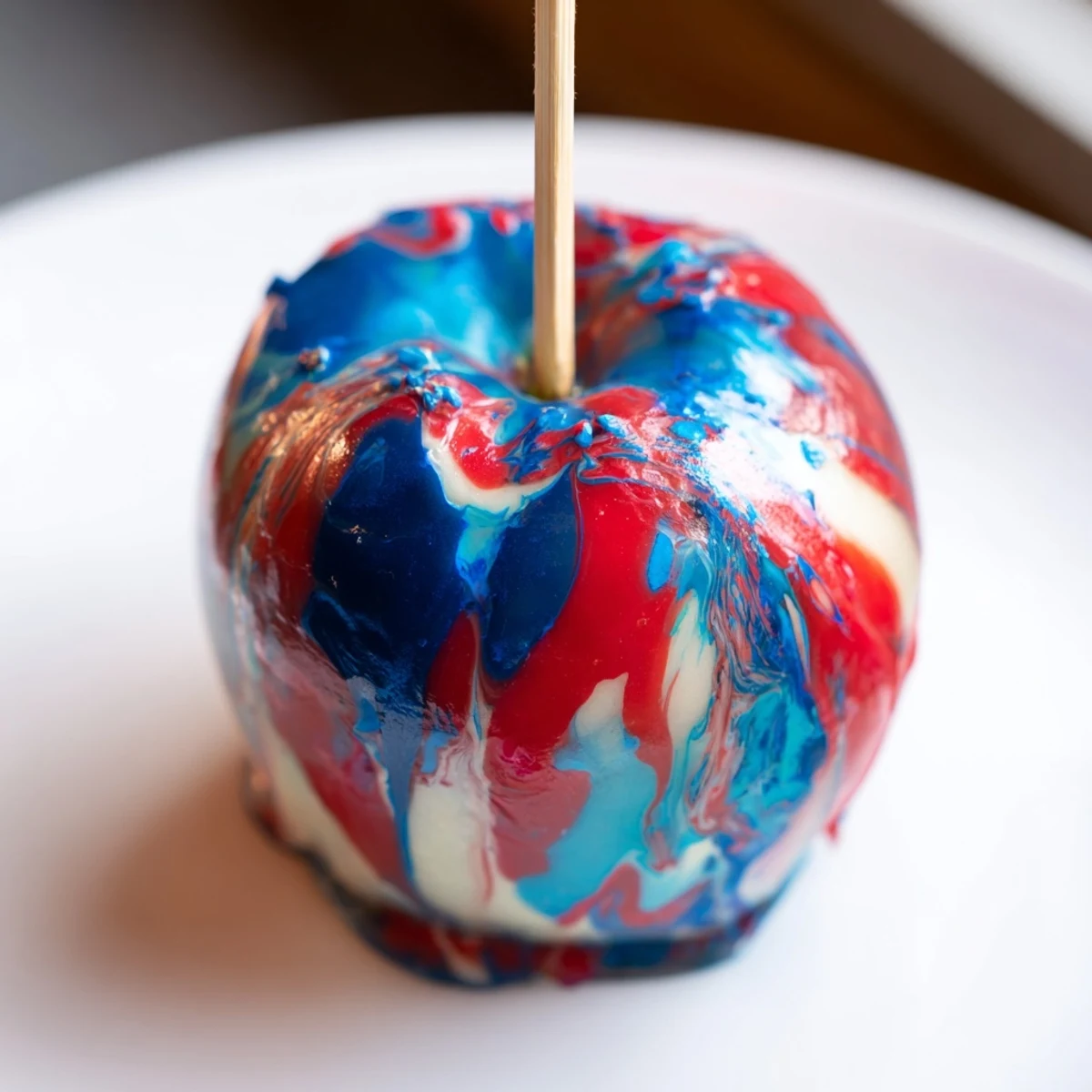 Stunning Marbled Effect Candy Apples with marbled finish, perfect for autumn fairs or whimsical party platters.