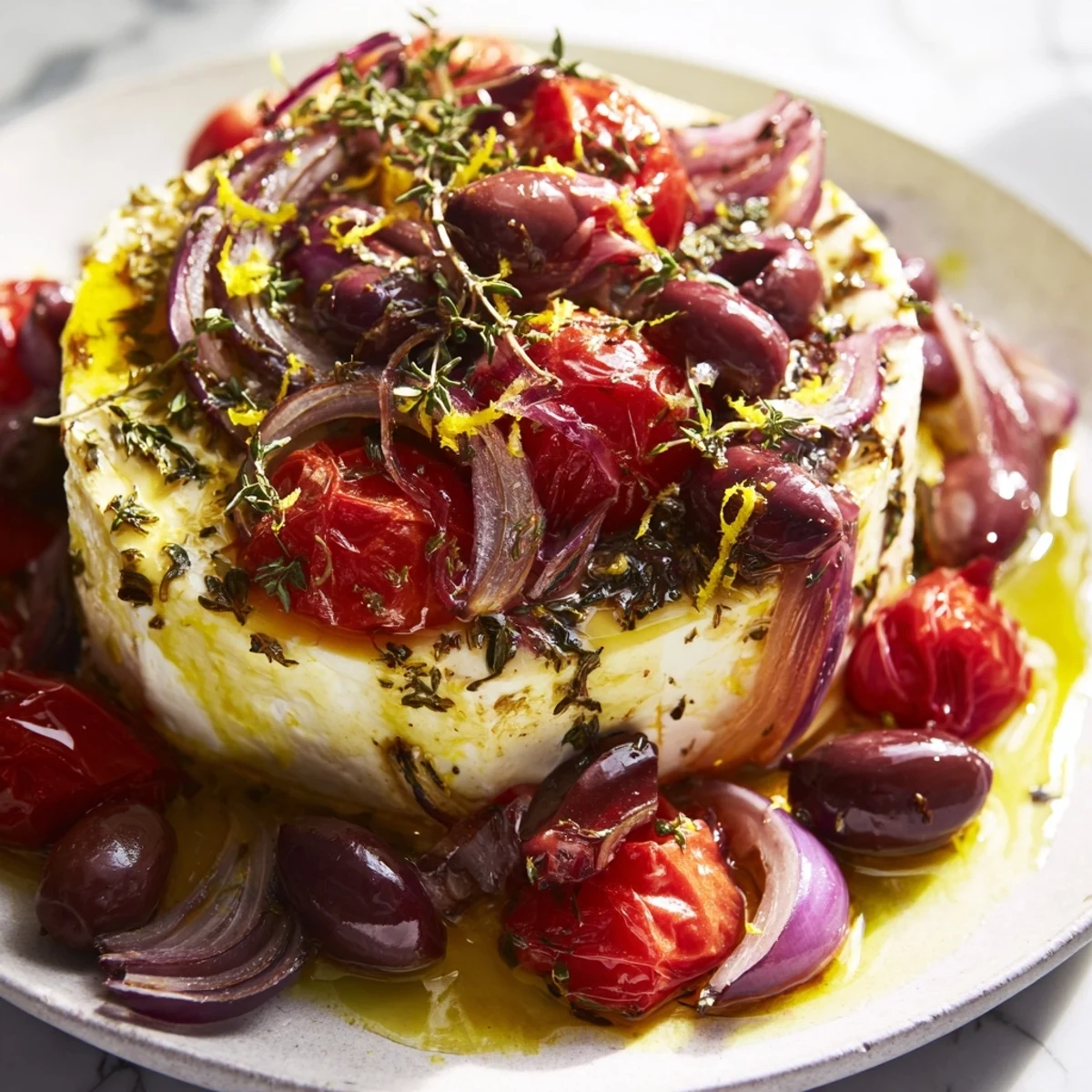 A rustic, bubbling Mediterranean Baked Feta Appetizer with roasted cherry tomatoes, Kalamata olives, and fresh thyme on a marble counter.