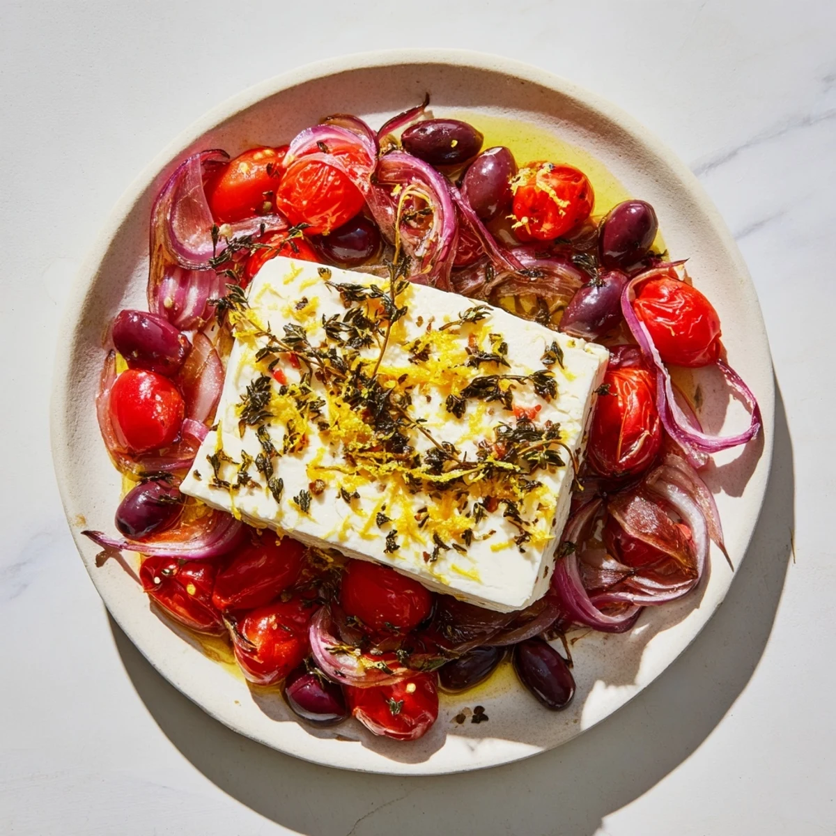 Close-up of a warm Mediterranean Baked Feta Appetizer with melty feta, red onion, garlic, and lemon zest for serving.