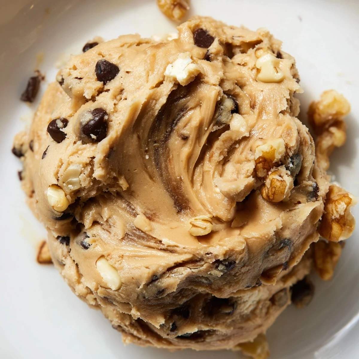 Close-up of Guilt Free Greek Yogurt Cookie Dough showing its thick, dough-like texture with peanut butter swirls.