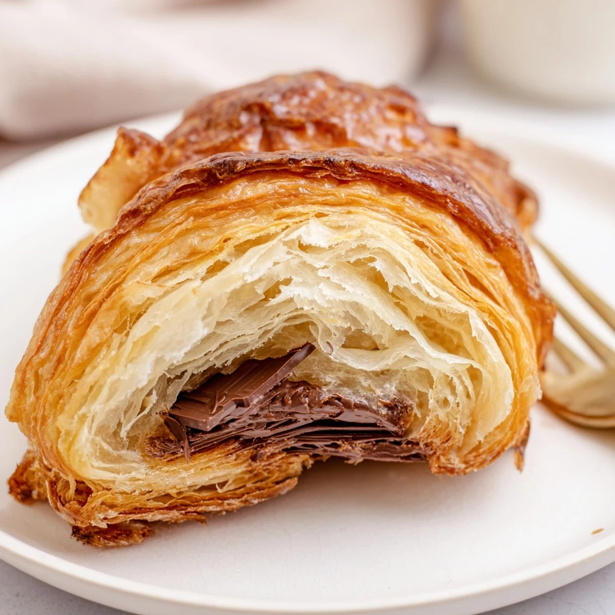 Golden, flaky homemade chocolate croissants fresh from the oven on a rustic board.