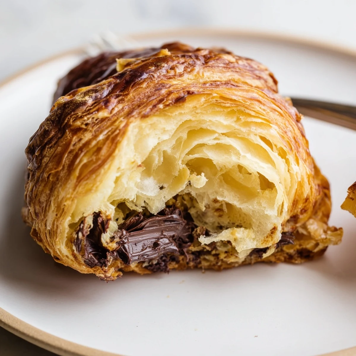 Homemade chocolate croissants with melted chocolate oozing out, served beside a steaming coffee mug.