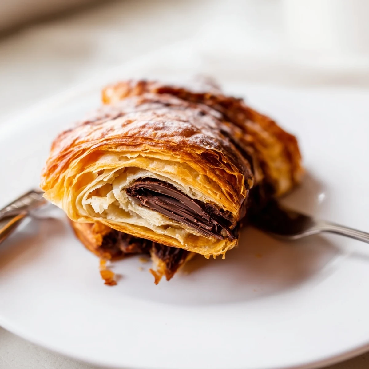 Buttery, layered homemade chocolate croissants displayed with a dusting of powdered sugar for breakfast.
