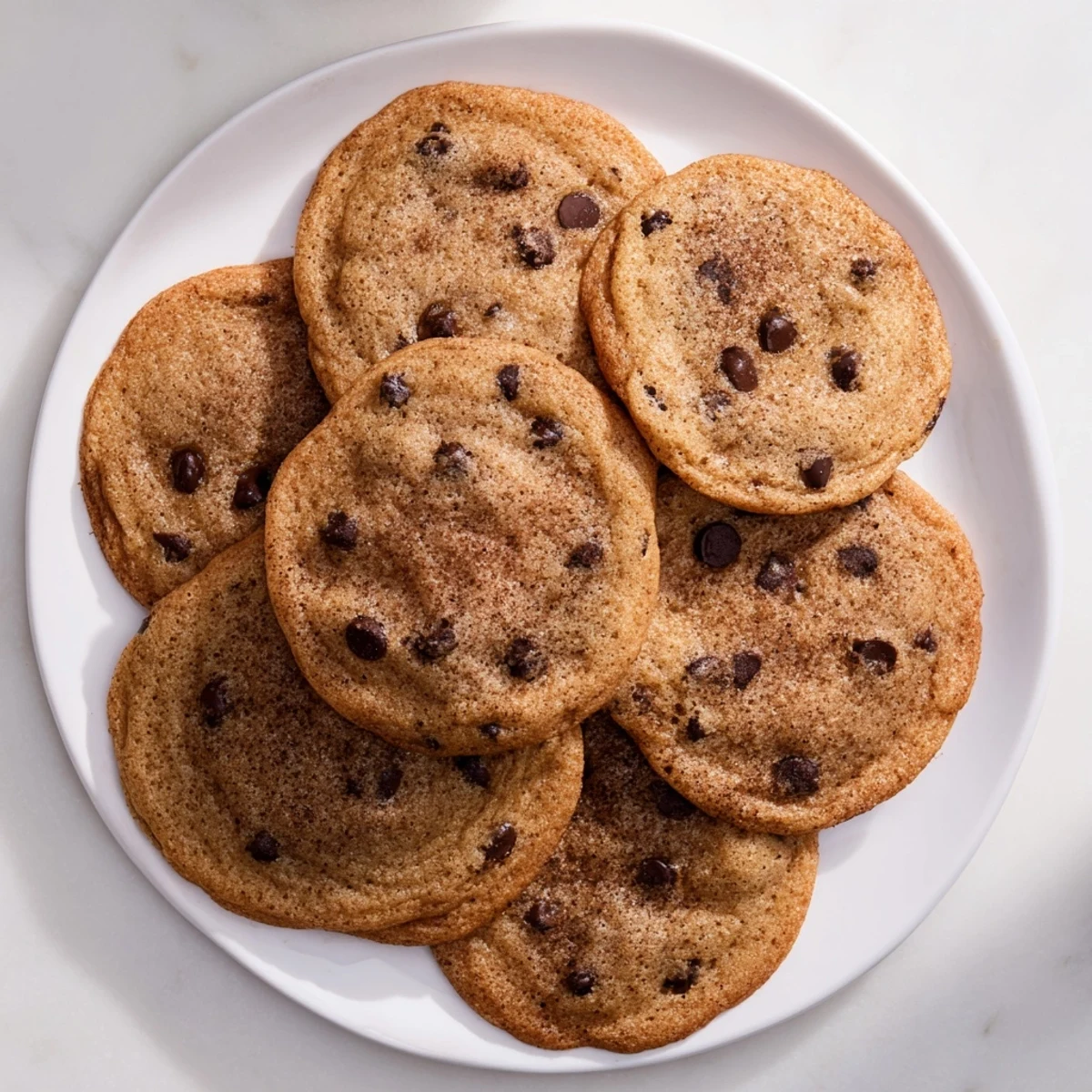 Close-up of soft Chai Spiced Chocolate Chip Cookies showing cinnamon-dusted edges and gooey chocolate chunks.