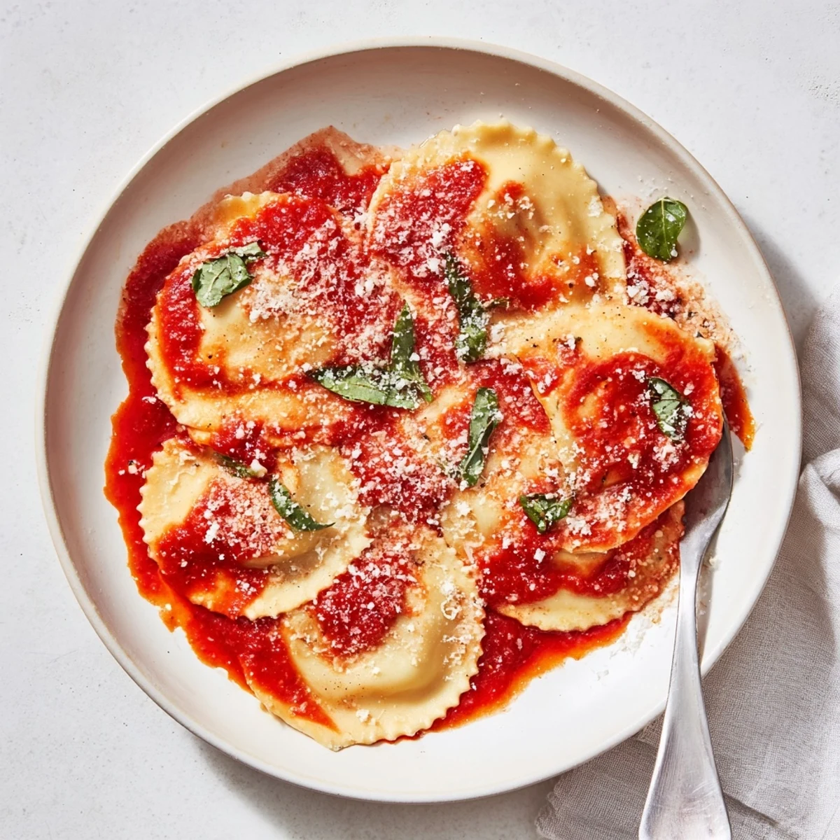 Cheese ravioli tossed in a vibrant tomato-basil sauce, garnished with Parmesan for a comforting, 20-minute dinner.
