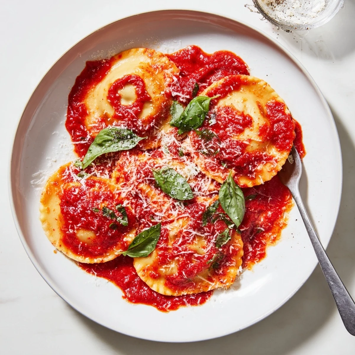 A close-up of cheesy ravioli coated in rich red sauce, topped with basil and a sprinkle of Parmesan.